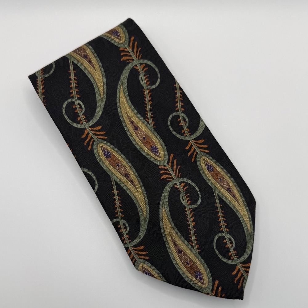 Jos. A. Bank Silk Tie OS Paisley Feather Black Gold Green Dark Academia Ornate